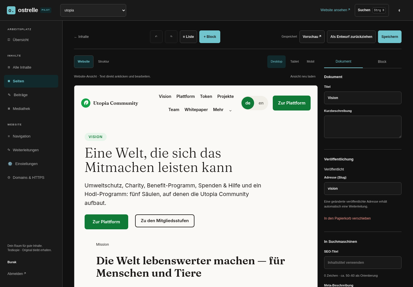 Echte Ostrelle-Verwaltung im W4-Pilot: Website-Inhalt in der serverseitigen Theme-Arbeitsfläche mit Ansichtswahl und Dokumenteinstellungen.